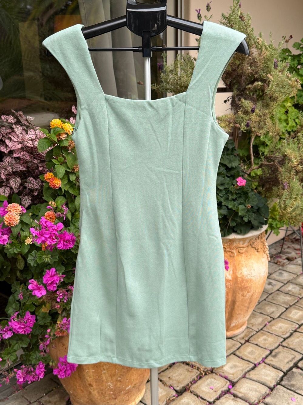 NWT Endless Rose Anthropologie dusty, green knit, mini dress. Lined.